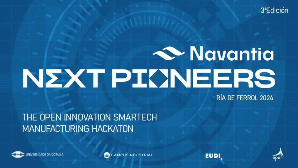Cartel promocional do III Hackathon Navantia Next Pioneers que terá lugar entre as 15:00 horas do xoves 29 de febreiro e as 15:00 horas do venres 1 de marzo no Campus Industrial de Ferrol.