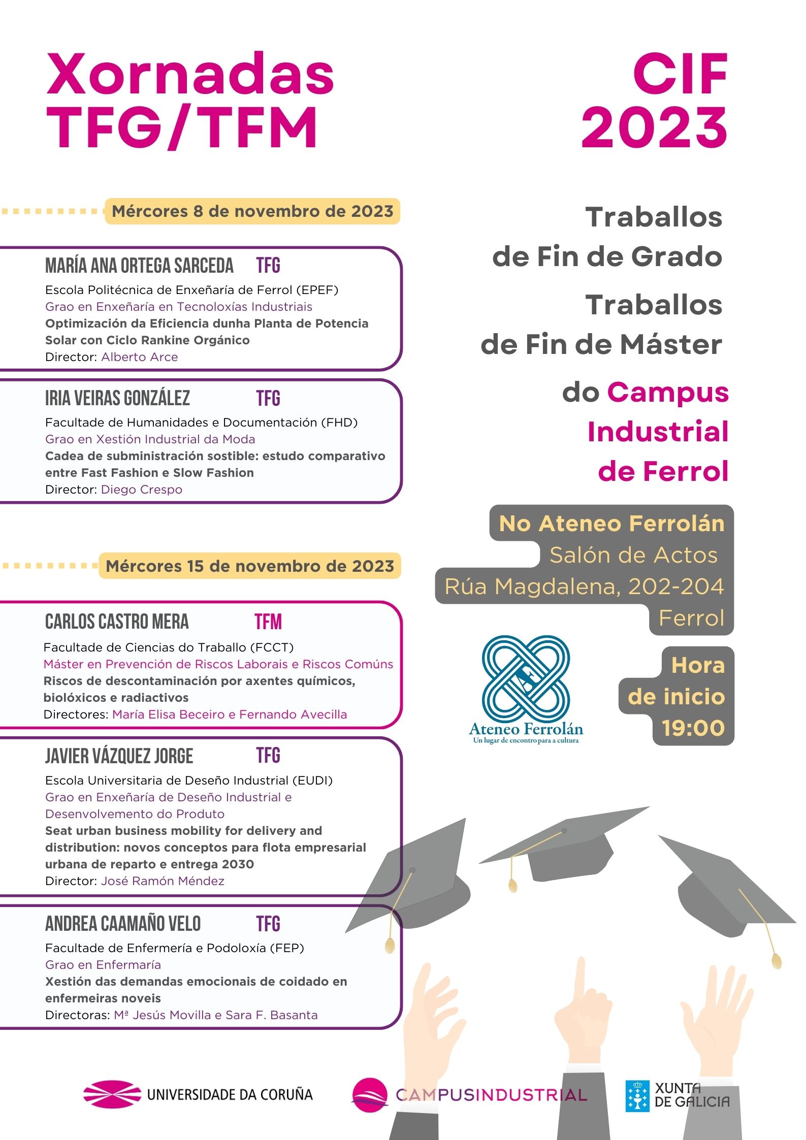 Cartel promocional das xornadas de presentación dos traballos de fin de grao e de máster defendidos no Campus Industrial da Universidade da Coruña nos últimos cursos académicos e que terán lugar, os días 8 e 15 de novembro, ás 19:00 horas, no Salón de Actos do Ateneo Ferrolán.